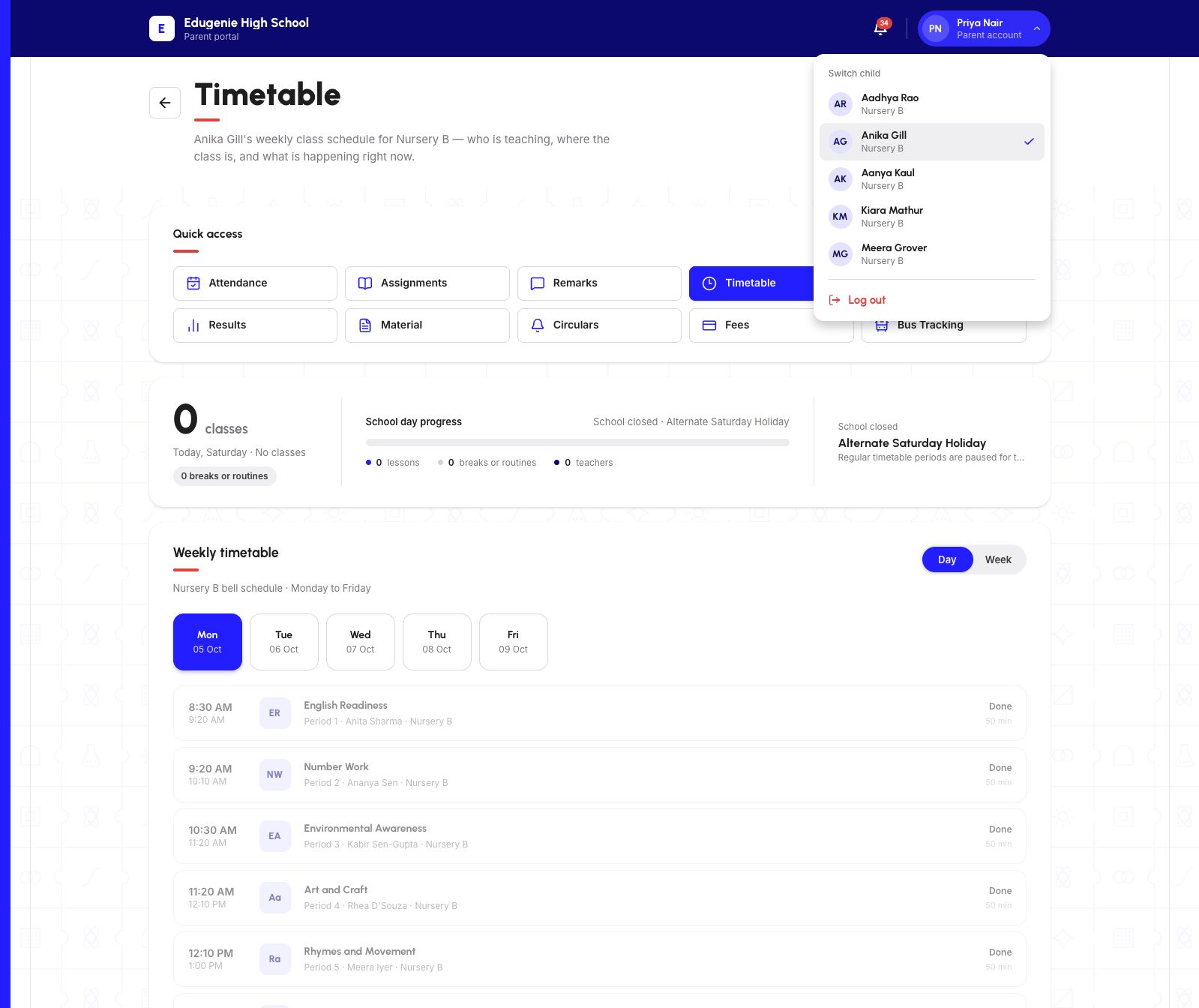 Account menu over Timetable with Anika Gill checked and her name also shown in the timetable description.