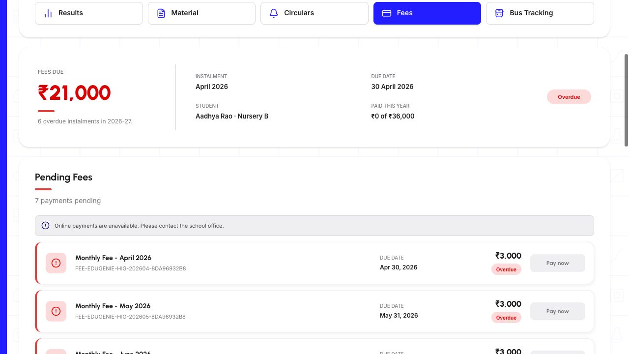 Pending Fees section with the online-payments-unavailable notice and disabled Pay now controls next to overdue instalments.