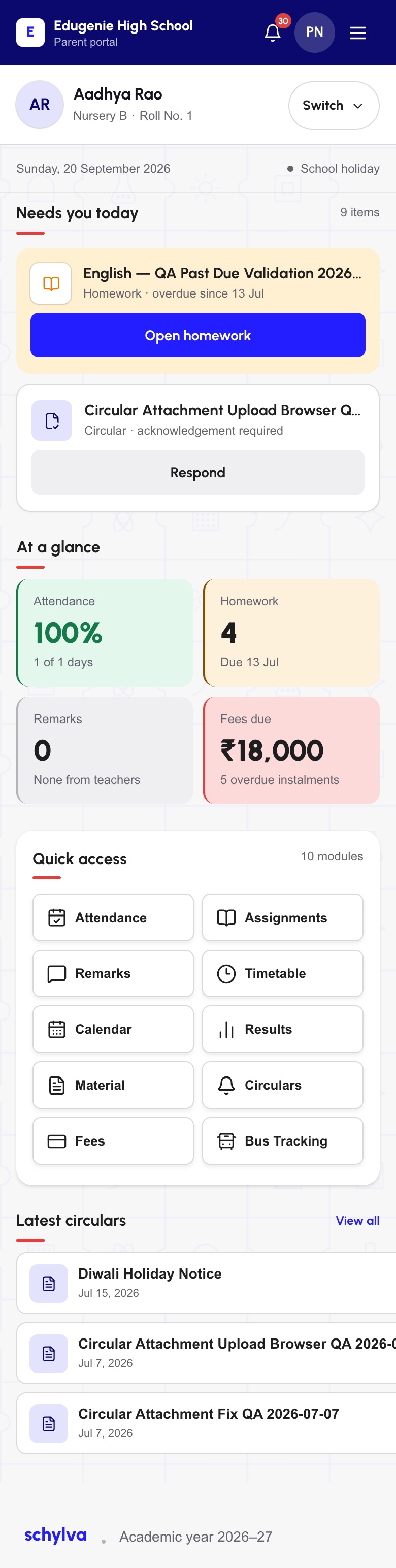 Responsive Parent web dashboard with the selected child’s homework, attendance, fee status and circulars. This is mobile web, not a native app.