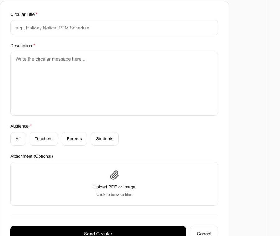 Identity-free crop of Schylva administrator circular controls showing title, message, supported audiences and optional attachment before submission