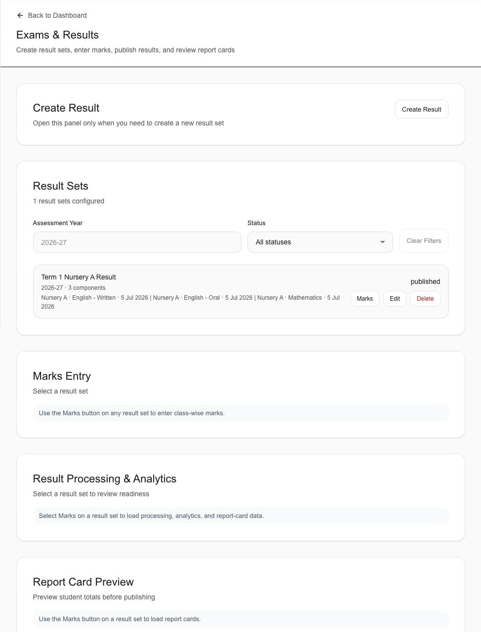 Focused Schylva administrator Exams and Results source workspace showing a sample result set, assessment year and published status