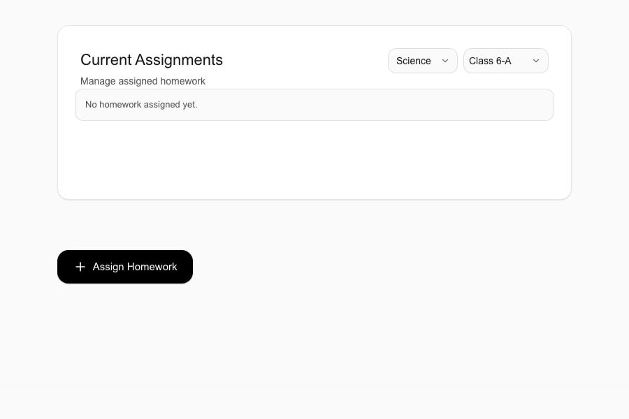 Identity-free crop of the Schylva Teacher homework workspace showing an empty Current Assignments state and the Assign Homework control