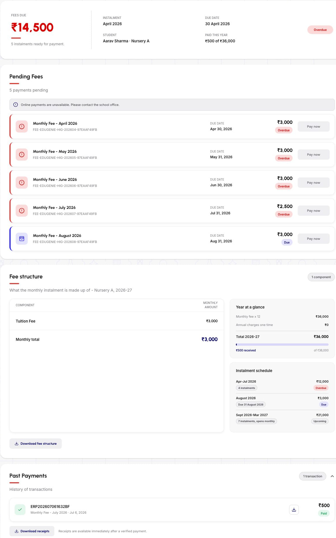 Focused Schylva Parent fee screen showing sample due information and recorded payment history