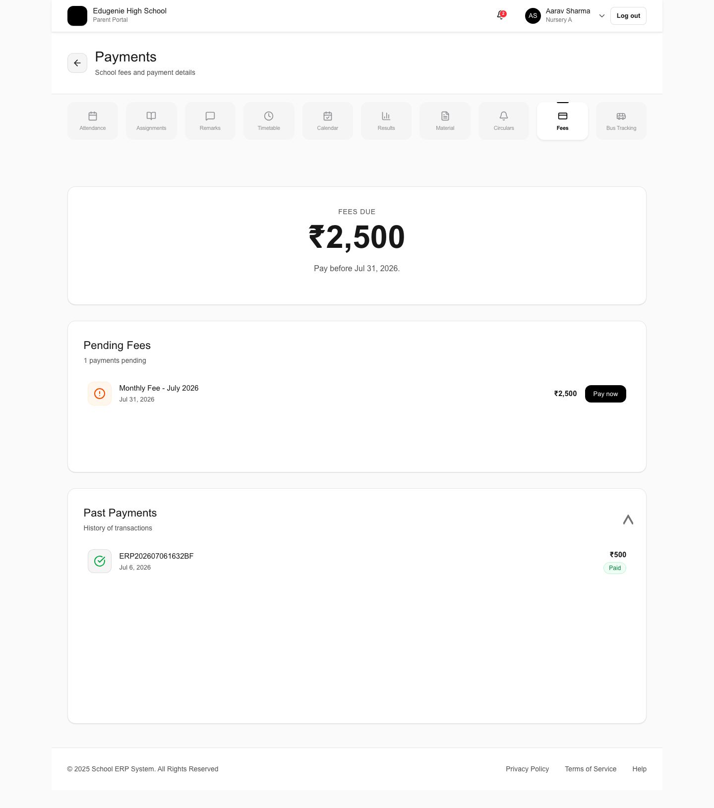 Parent fee payment in Schylva