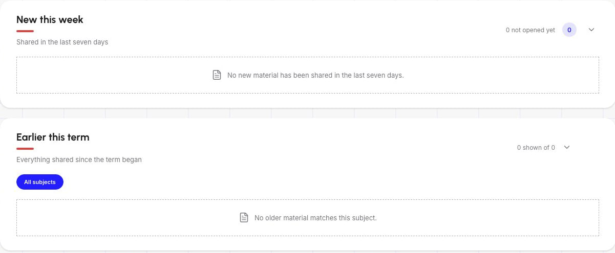 Focused Schylva Parent study-material page showing the current empty-material state using sample school data