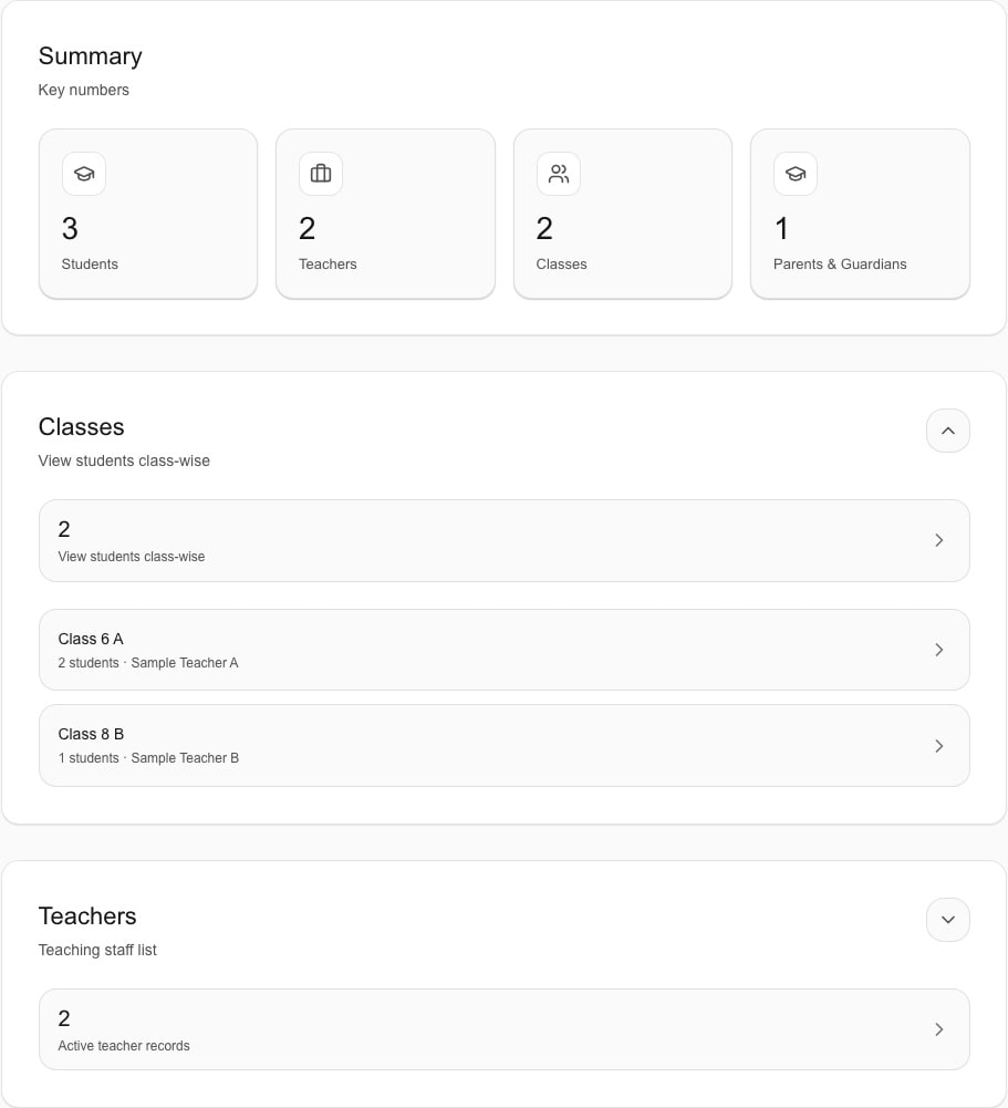 Administrator overview of fictional student, teacher, class and guardian records in Schylva