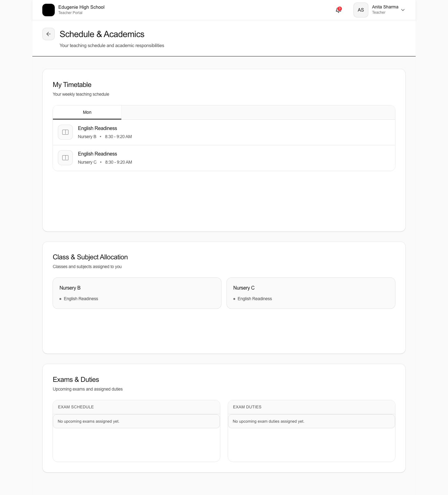 Schylva teacher schedule and academic responsibilities using sample school data